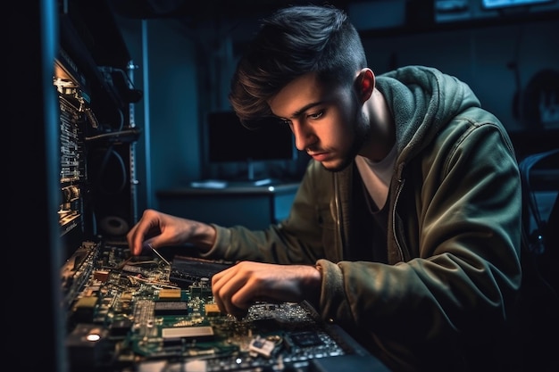 Photo d'un jeune homme réparant son ordinateur créé avec une IA générative