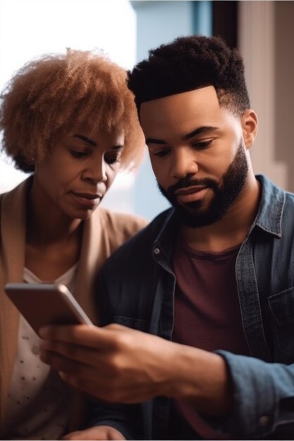 Une photo d'un jeune homme et de sa mère se liant sur une tablette numérique à la maison créée avec l'IA générative