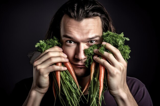 Photo une photo d'un jeune homme tenant un bouquet de carottes devant son visage créée avec l'ia générative