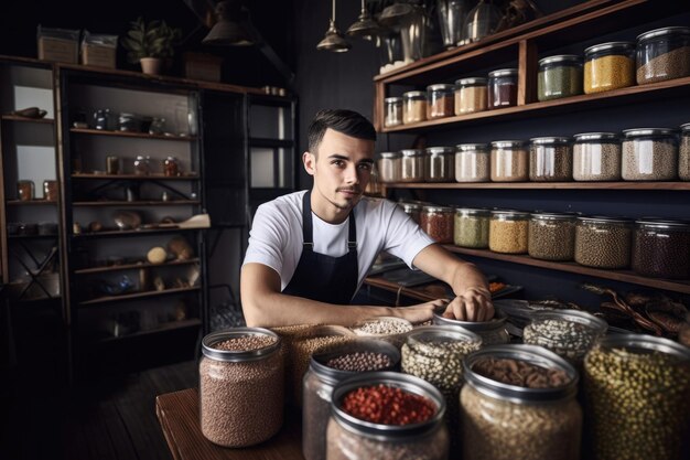 Photo d'un jeune homme travaillant dans son magasin d'alimentation créé avec une IA générative