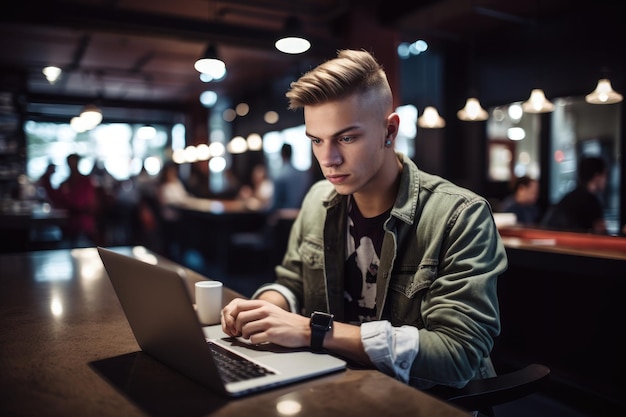 Photo d'un jeune homme travaillant sur son ordinateur portable dans un café créé avec une IA générative