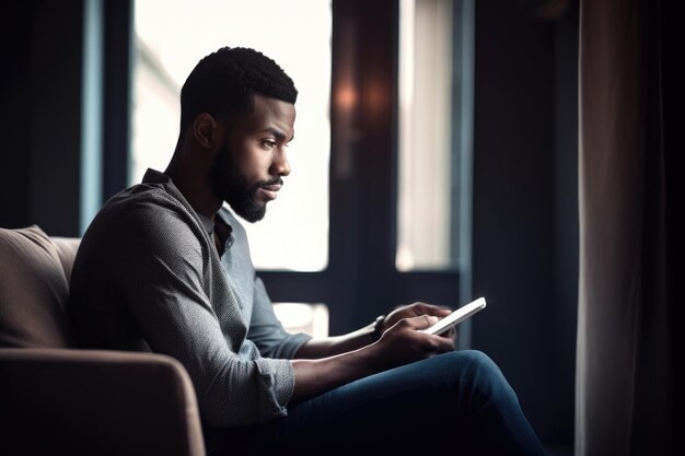 Photo d'un jeune homme utilisant sa tablette à la maison créée avec une IA générative