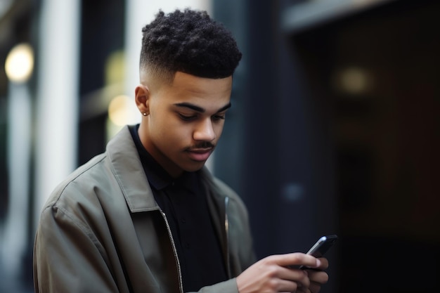 Photo photo d'un jeune homme utilisant un smartphone alors qu'il travaillait comme entrepreneur créé avec l'ia générative