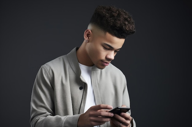 Photo d'un jeune homme utilisant son téléphone portable sur un fond gris créé avec une IA générative