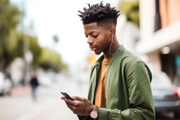 Photo d'un jeune homme utilisant son téléphone portable pour envoyer des textes créés avec une IA générative