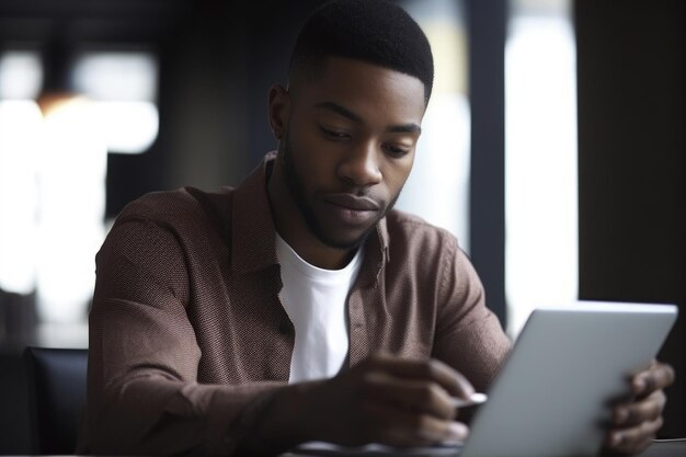 Photo d'un jeune homme utilisant une tablette numérique à son bureau créée avec une IA générative