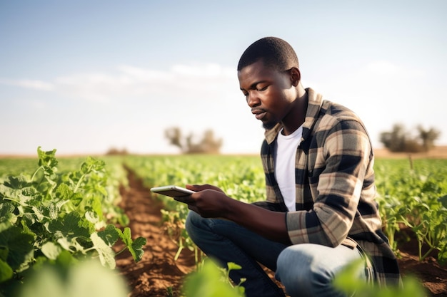 Photo une photo d'un jeune homme utilisant une tablette en vérifiant ses récoltes au milieu de nulle part.