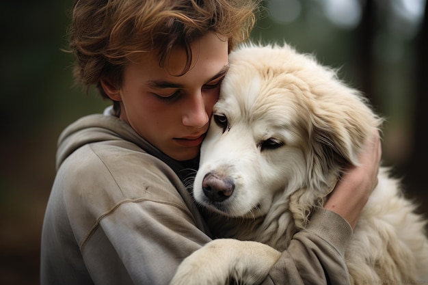 Photo photo d'un jeune humain qui embrasse un chien portrait d'un jeunes homme et de son chien à l'extérieur généré par ai