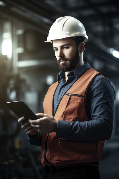 Photo d'un jeune ingénieur utilisant sa tablette numérique créée avec une IA générative