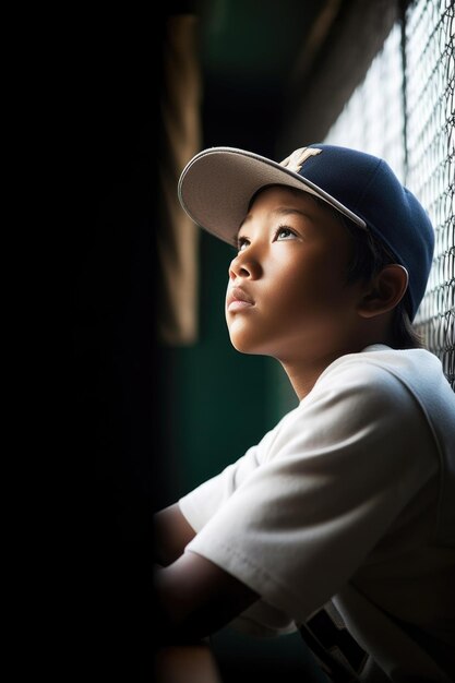 Photo d'un jeune joueur de baseball regardant sur le terrain créé avec une IA générative