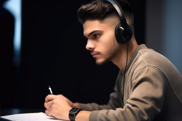 Une photo d'un jeune journaliste écrivant des notes devant l'espace de copie