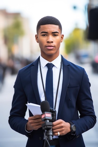 photo d'un jeune journaliste tenant un microphone et un presse-papiers sur fond urbain créé avec une IA générative