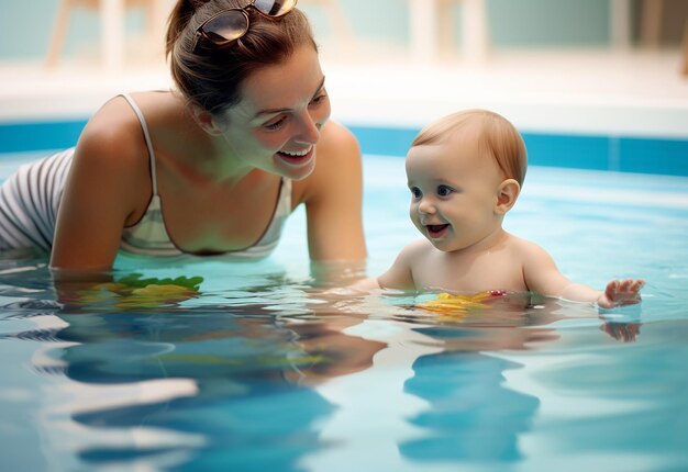 Photo photo de jeune maman avec son joli bébé dans une piscine