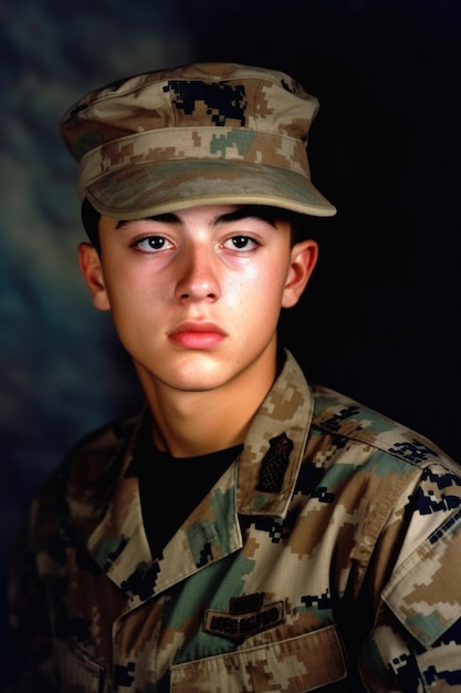 Photo d'un jeune marin debout dans son uniforme de camouflage créé avec une IA générative