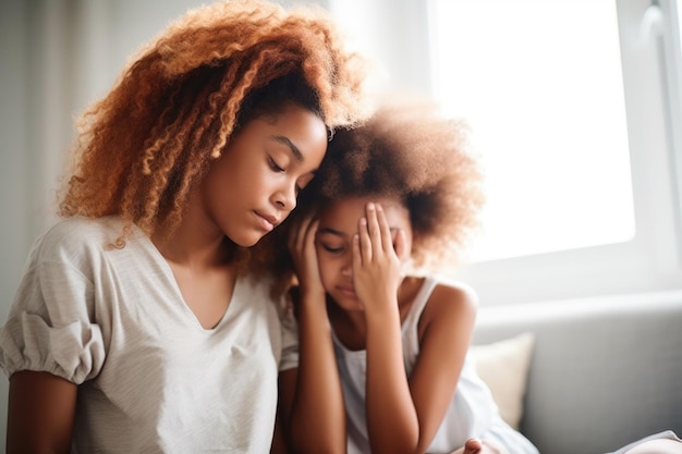 Photo d'une jeune mère réconfortant sa fille à la maison créée avec une IA générative