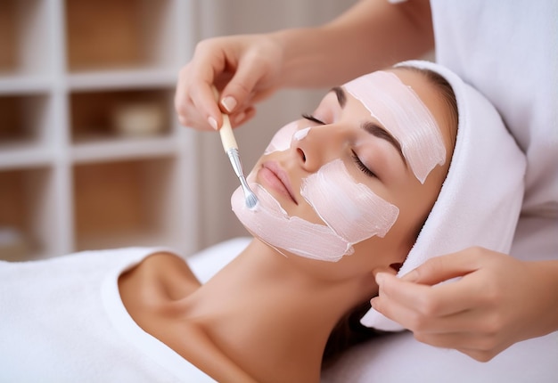 Photo d'une jeune et mignonne femme fille recevant un traitement du visage et un masque facial dans le salon