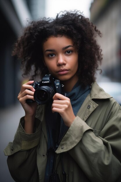 Photo photo d'une jeune photographe tenant son appareil photo sur un fond urbain