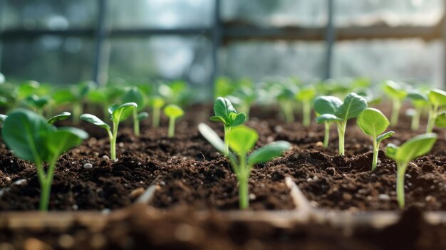 Une photo de jeunes plants qui sortent du sol dans une serre