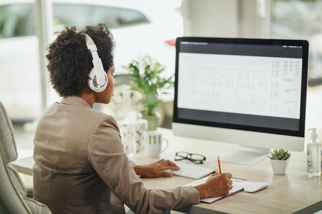 Photo d'une jolie femme d'affaires africaine assise seule dans son bureau à domicile avec des écouteurs et travaillant sur ordinateur pendant la pandémie de COVID-19.