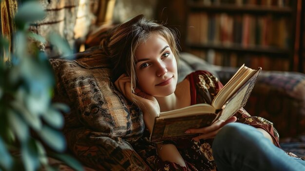 Une photo d'une jolie femme lisant des livres dans sa chambre Generative AI