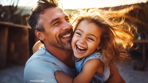 Photo d'une jolie fille embrassant son père, joli sourire, père et fille heureux