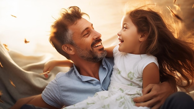 Photo d'une jolie fille embrassant son père, joli sourire, père et fille heureux