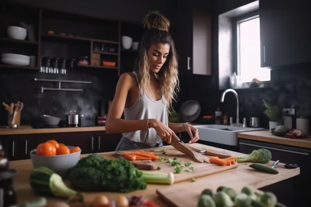 Photo d'une jolie jeune femme coupant des légumes dans la cuisine créée avec une IA générative