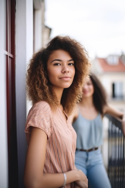 photo d'une jolie jeune femme debout sur un balcon avec ses amis créée avec une IA générative