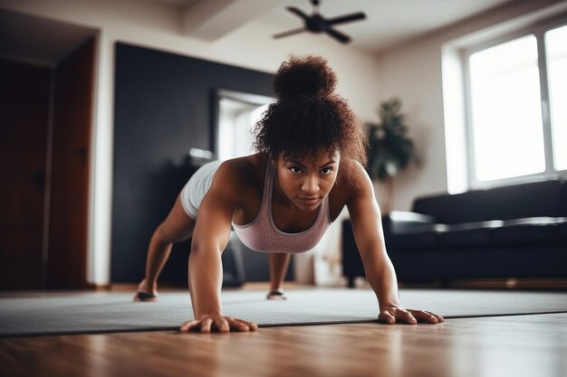 Photo d'une jolie jeune femme faisant des pompes dans sa maison créée avec une IA générative