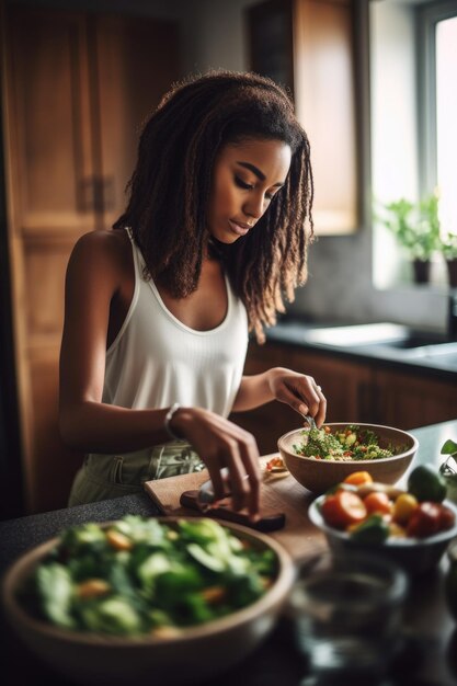 Photo d'une jolie jeune femme faisant de la salade à la maison créée avec une IA générative