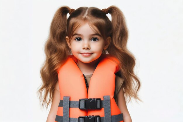 Photo jolie petite fille avec gilet de sauvetage et dispositif de flottaison isolé sur fond blanc uni génératif ai