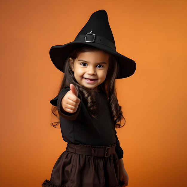 Photo Jolie petite fille habillée en sorcière pour Halloween sur fond de couleur ai générative