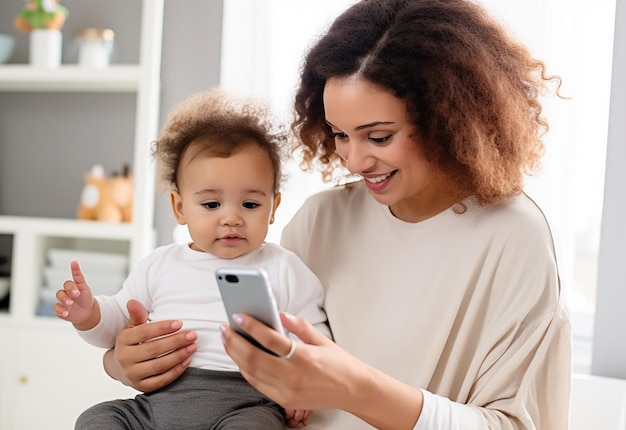 Photo d'une jolie photo d'un bébé et d'une mère ensemble prenant un selfie et utilisant un téléphone portable avec bébé