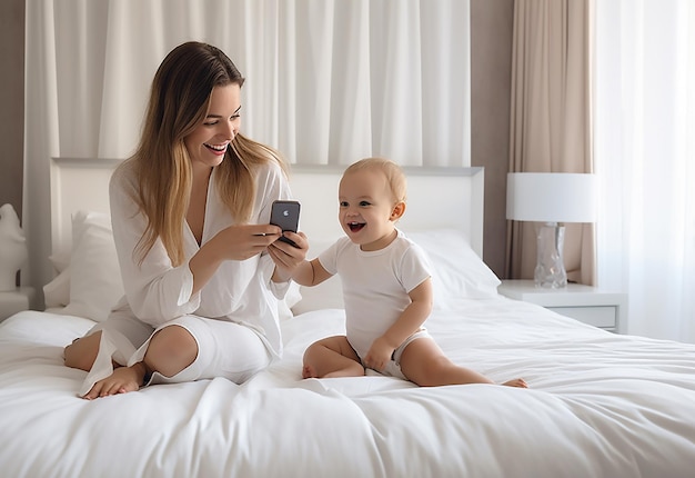 Photo d'une jolie photo d'un bébé et d'une mère ensemble prenant un selfie et utilisant un téléphone portable avec bébé