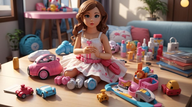 Photo de jouets colorés pour fille sur table en bois