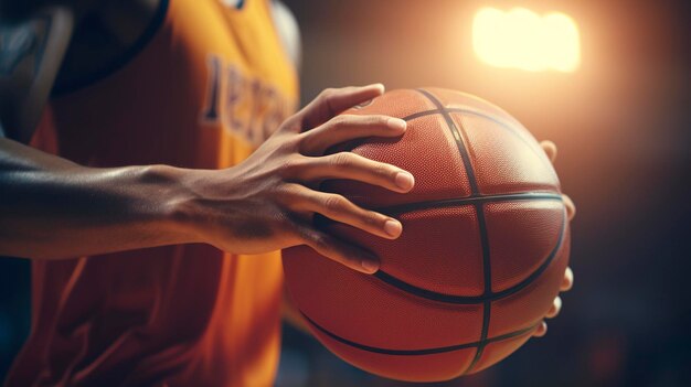 Une photo d'un joueur de basket-ball les mains tenant le basket-ball