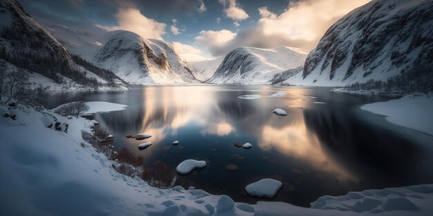 Photo de jour d'un lac gelé dans le Kattfjorden en Norvège entouré de collines enneigées