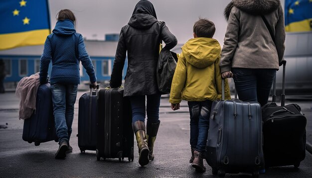 Photo journalistique de deux femmes et enfants réfugiés ukrainiens portant des bagages qui attendent en file d'attente