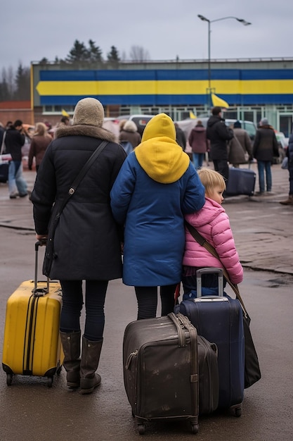 photo journalistique de deux femmes et enfants réfugiés ukrainiens portant des bagages