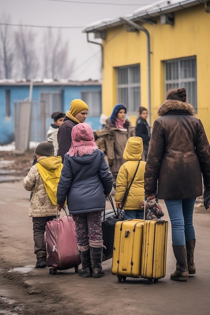 photo journalistique de deux femmes et enfants réfugiés ukrainiens portant des bagages