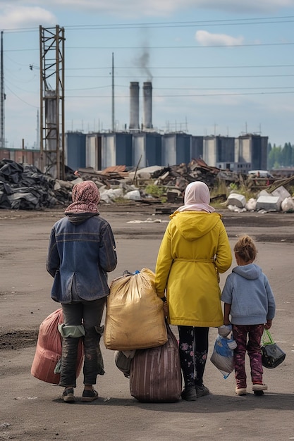 photo journalistique de deux femmes et enfants réfugiés ukrainiens portant des bagages