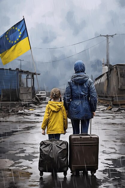 photo journalistique de deux femmes et enfants réfugiés ukrainiens portant des bagages