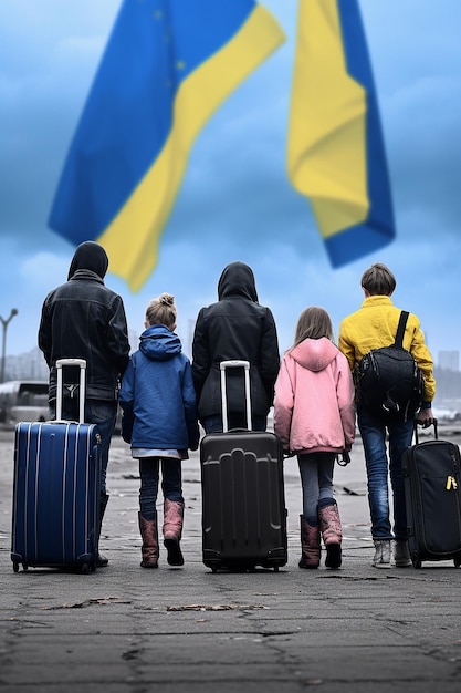 photo journalistique de deux femmes et enfants réfugiés ukrainiens portant des bagages