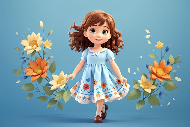 Photo joyeuse illustration de dessin animé d'enfant heureuse petite fille caucasienne dans une robe sur fond bleu