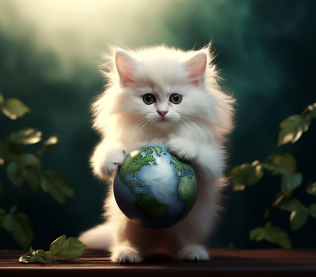 Photo joyeux jour du chat mignon chaton avec le globe terrestre