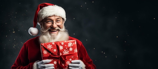 Photo joyeux père Noël avec des cadeaux de Noël pour une bannière de vente de Noël joyeux jour de Noël