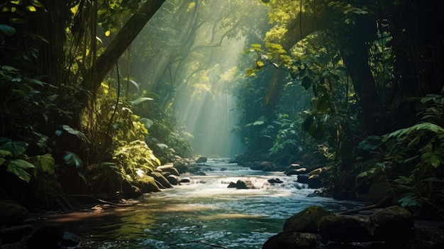 Une photo d'une jungle dense avec une rivière torrentielle tachetée de lumière du soleil