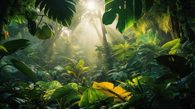 Une photo d'une jungle tropicale avec un feuillage dense filtrant la lumière du soleil