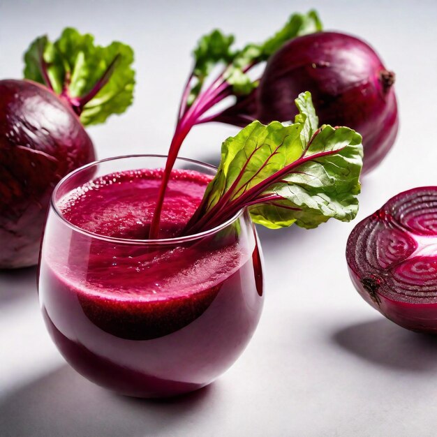 Photo d'un jus de betteraves avec des morceaux de betteraves isolés sur un fond lisse