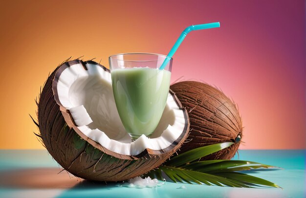 Photo photo d'un jus de coco avec des morceaux de coco isolés sur un fond lisse